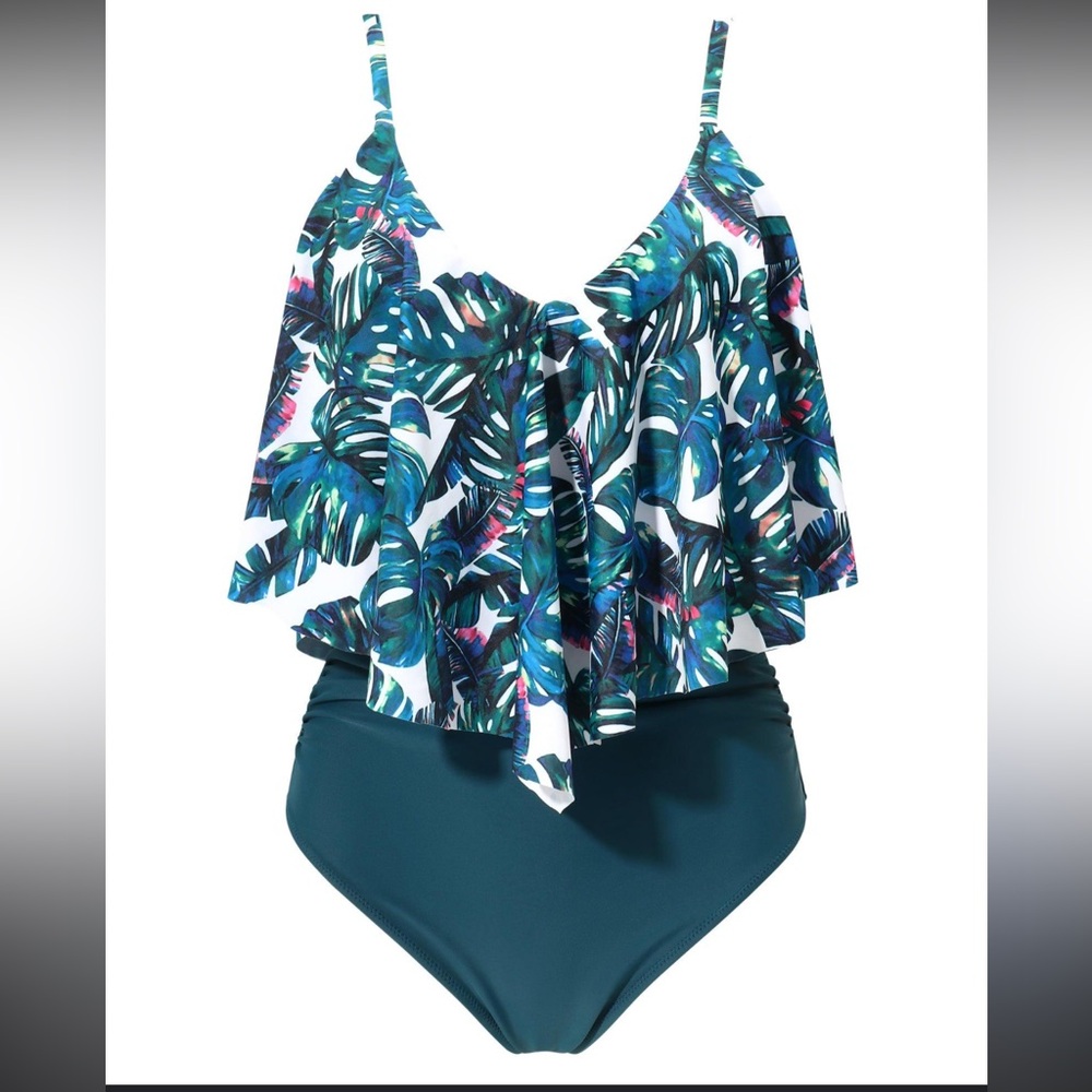 NWOT Suuksess Blue Tropical Ruffle One Piece Swimsuit Size L Light Flaw